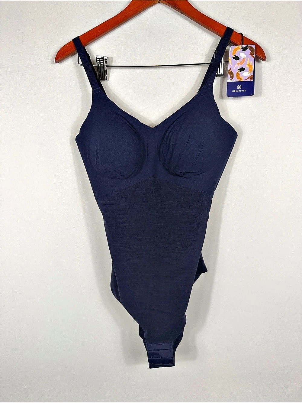 Honeylove SuperPower Thong Bodysuit One Piece Swimsuit Blue Medium. NWT & Liner